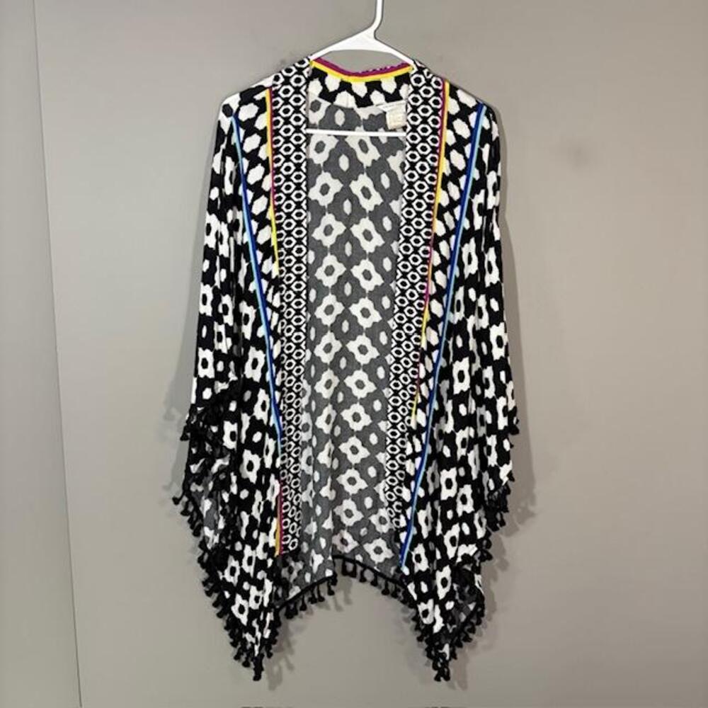 Trina Turk Kimono Poncho Womens One Size Black Geometric Tassel Trim Open Swim